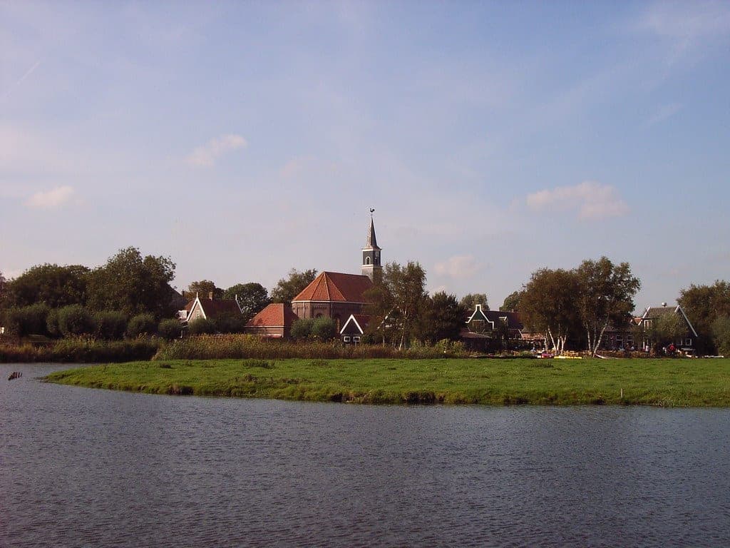 Small town in a Dutch polder landscape