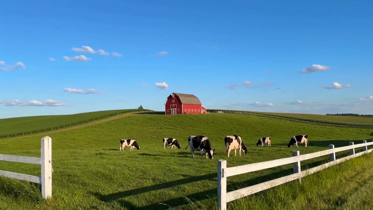 A red barn and Holstein cows in a Wisconsin pasture under a bright blue sky.