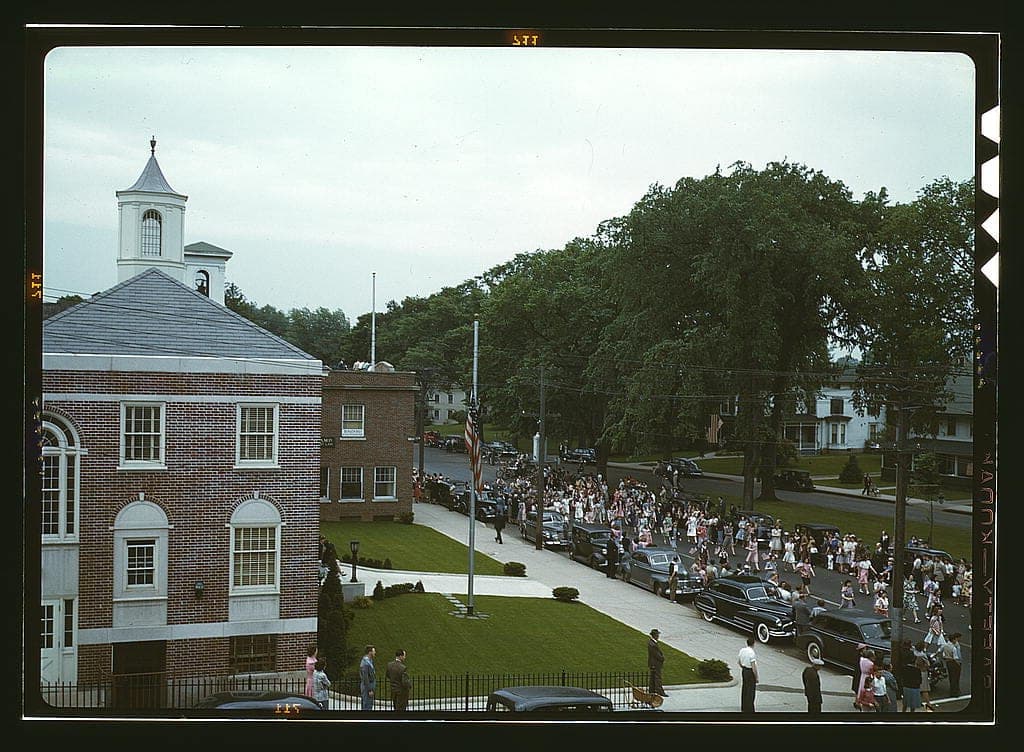 Memorial Day parade moving down the main street of Southington, Connecticut