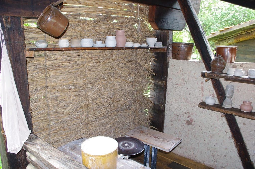 A pottery workshop with tools and equipment