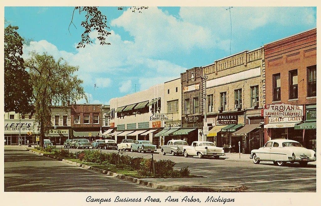 State Street and North University in 1957, on a vintage postcard