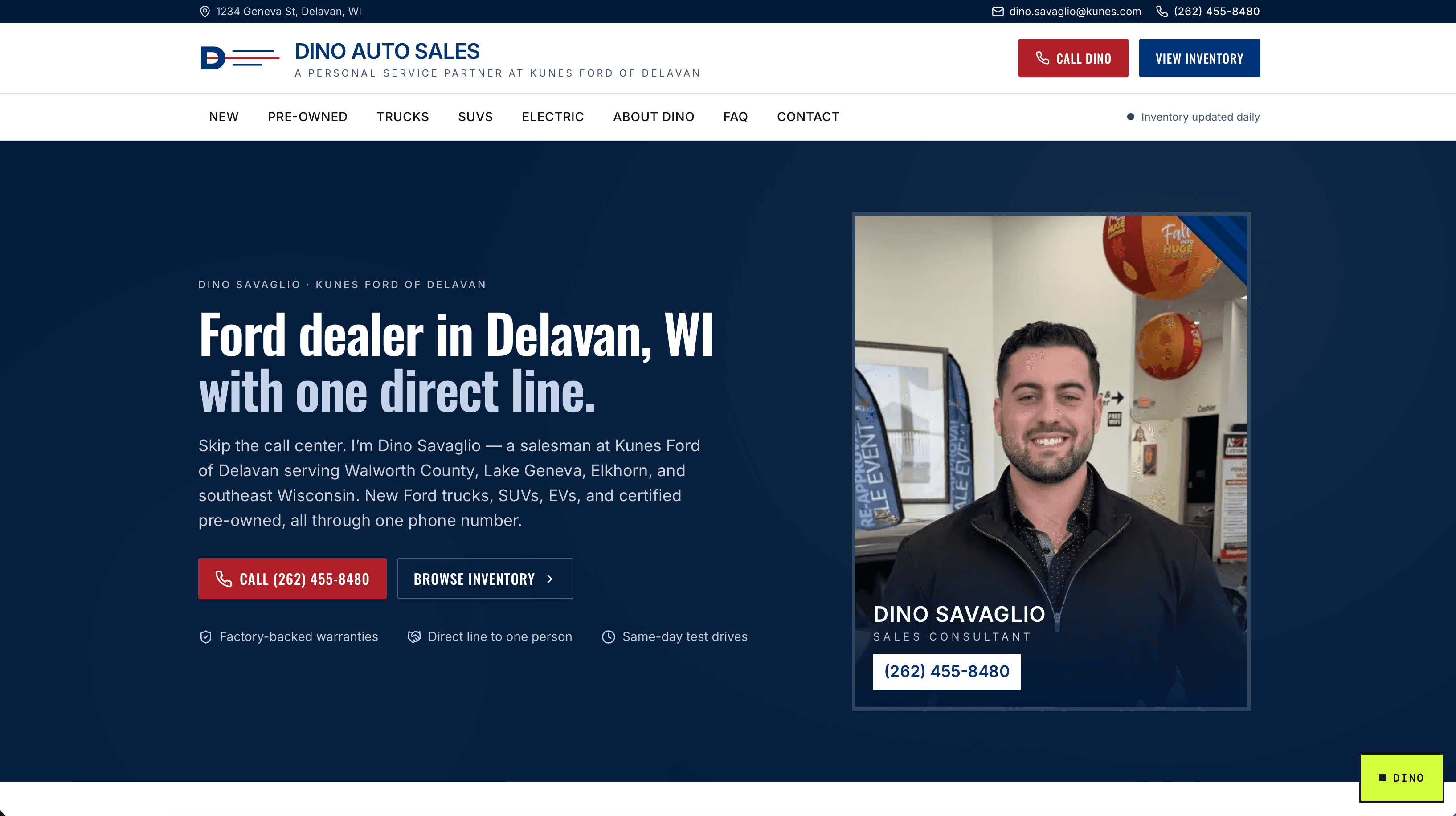 Dino Auto Sales · website and brand for a car dealership in Delavan, Wisconsin.
