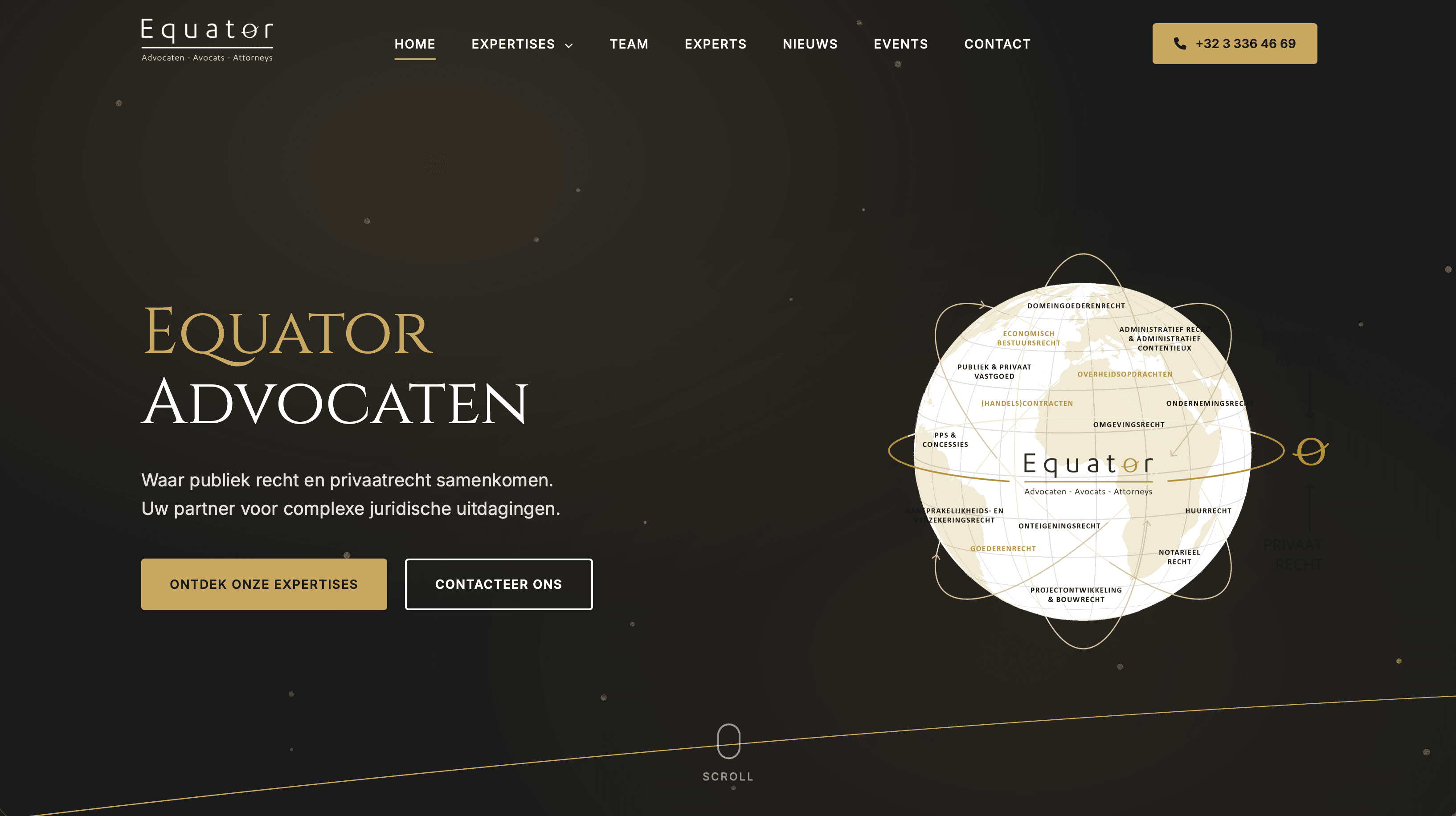 Equator Advocaten · dark trilingual law firm website with an interactive practice-area globe.