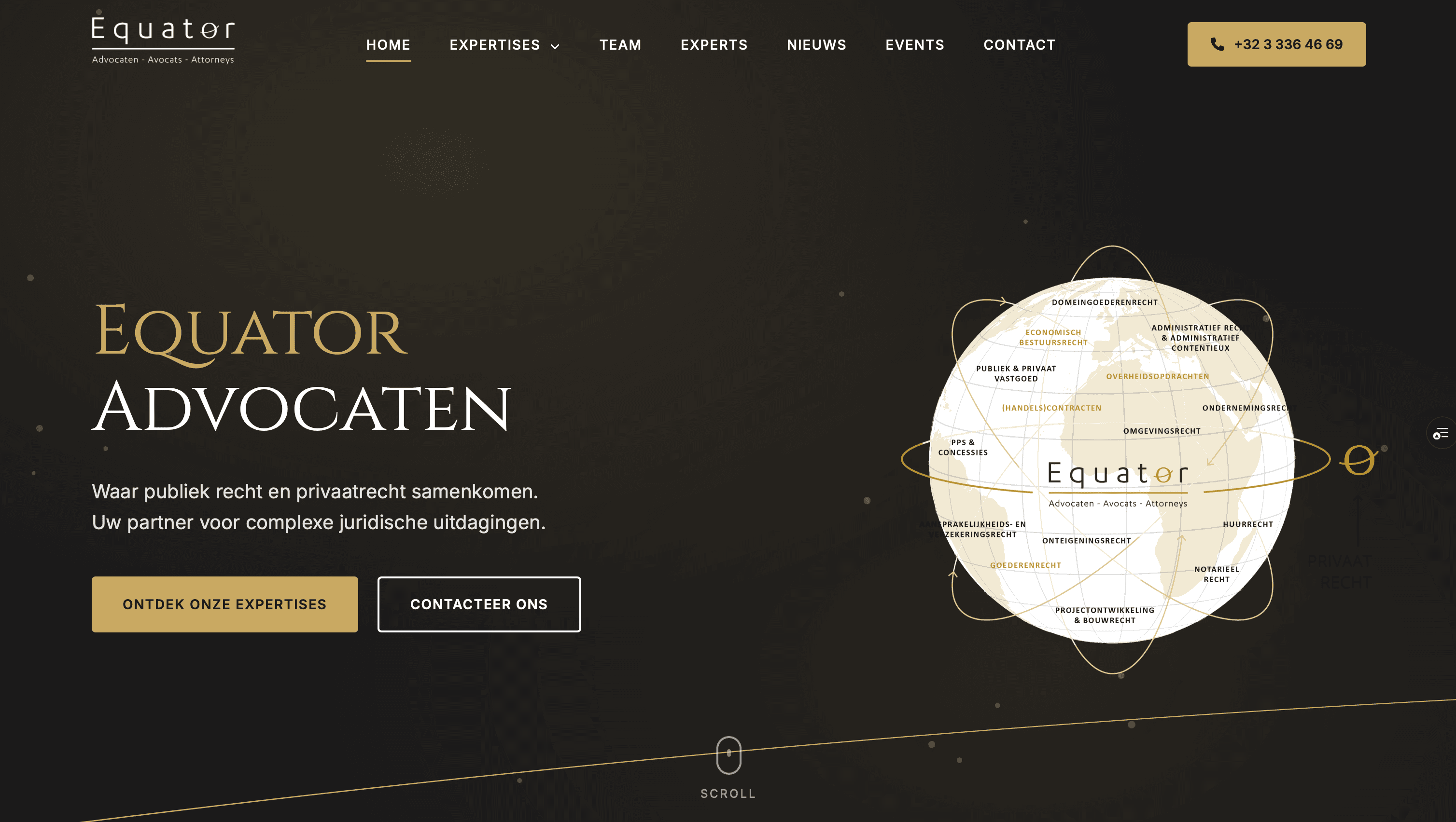 Equator Advocaten · dark trilingual law firm website with an interactive practice-area globe.