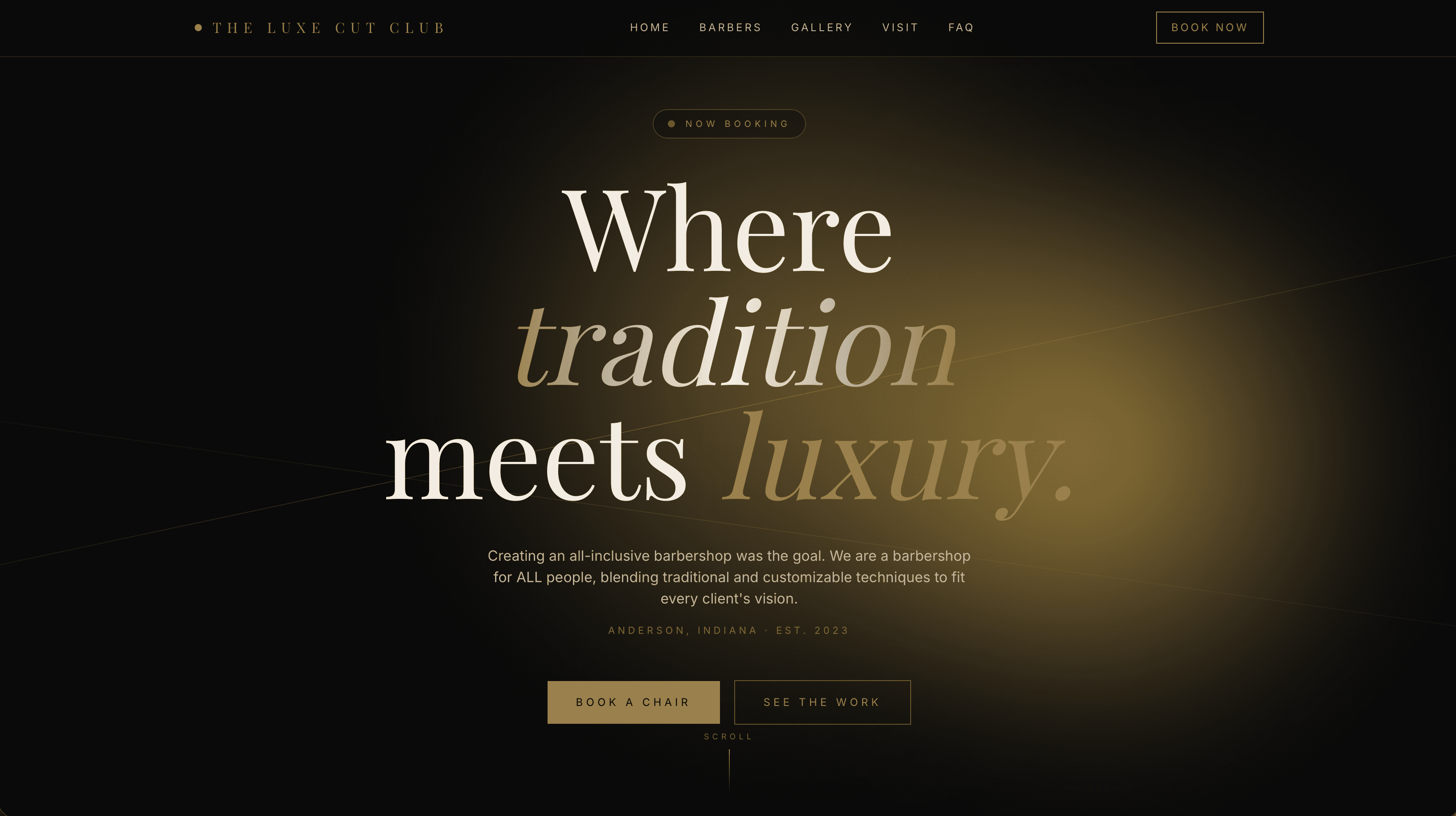 Luxe Barber · brand identity and chair-first booking site for a barbershop.