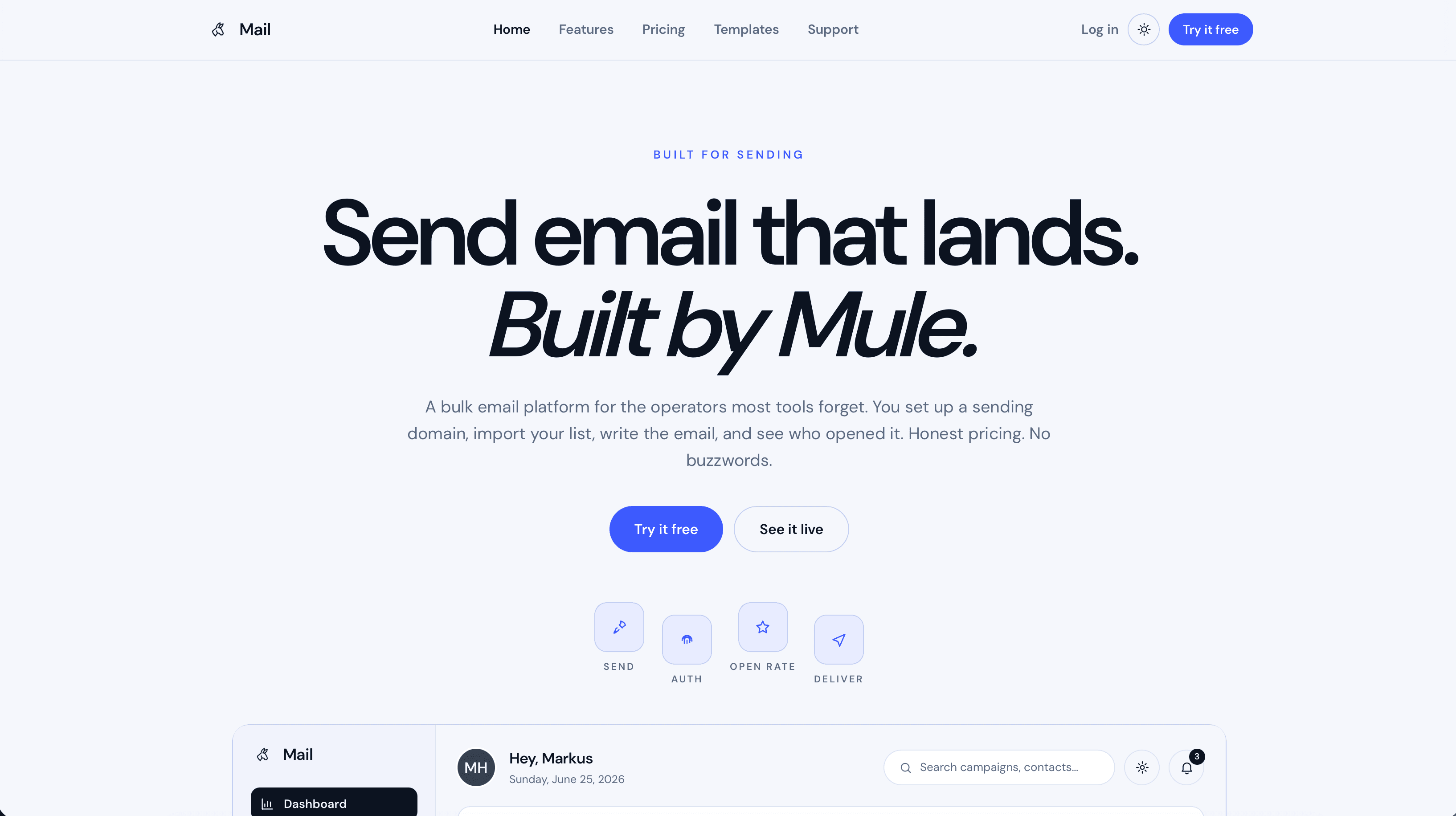 Mule Mail · Mule's in-house affordable email-blasting product.