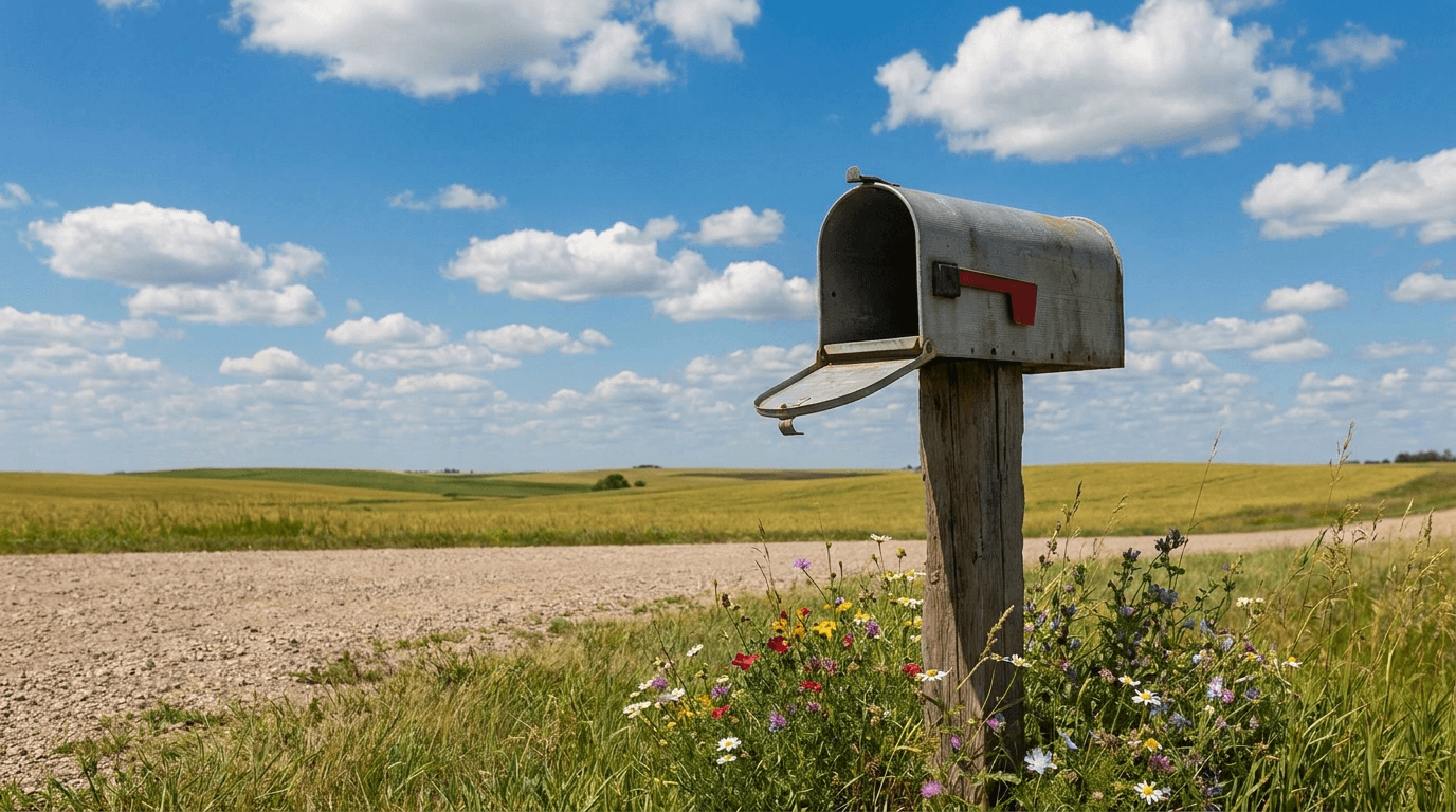 An open empty metal mailbox on a wooden post by a country road at noon under a blue sky.