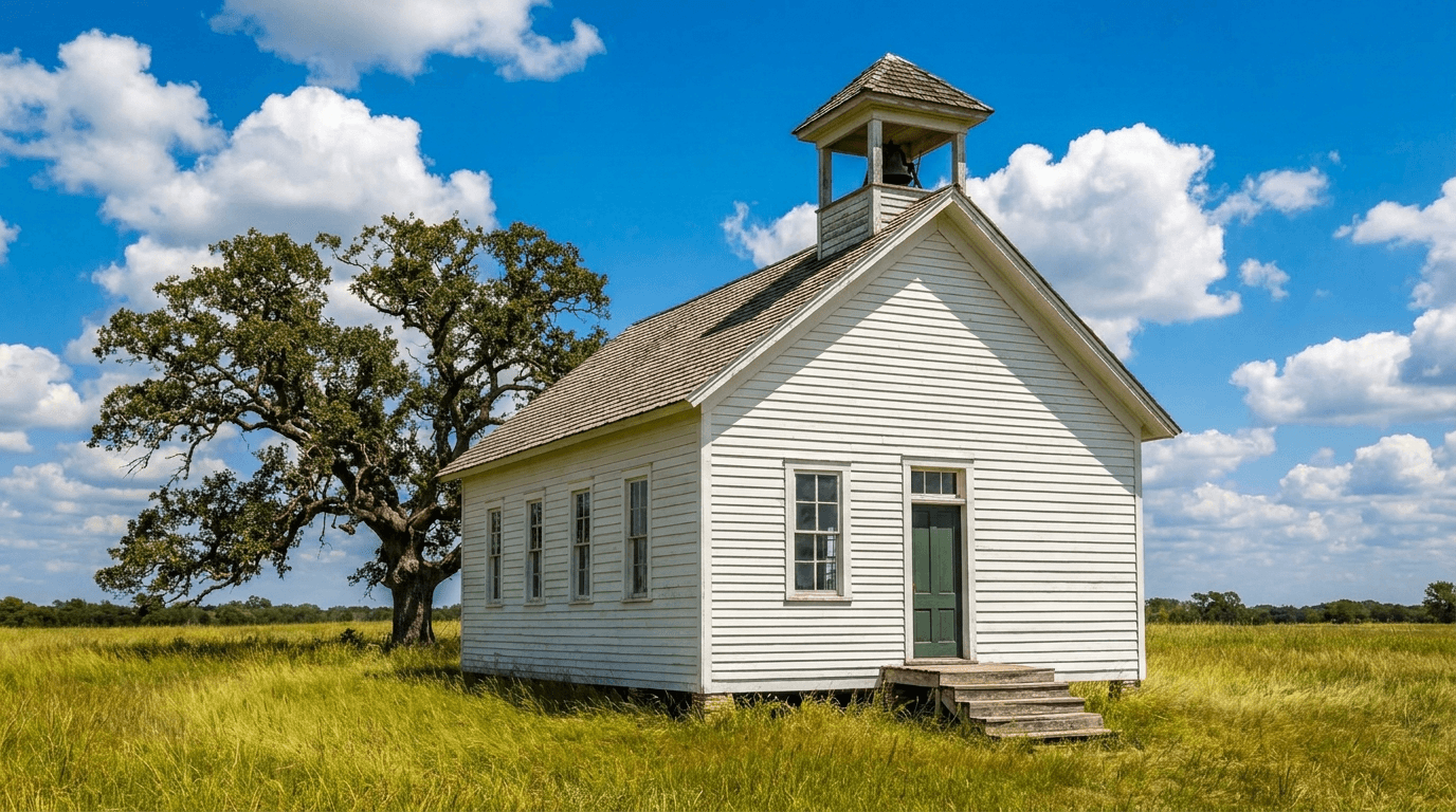 A white clapboard one-room rural schoolhouse with a small bell tower under a noon blue sky.