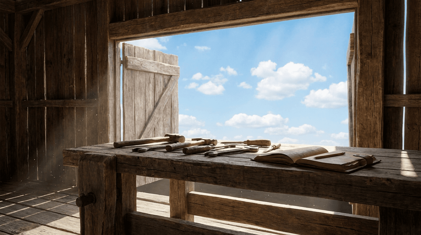 A workshop bench in a barn doorway at noon, hand tools and a notebook laid out, blue sky outside.