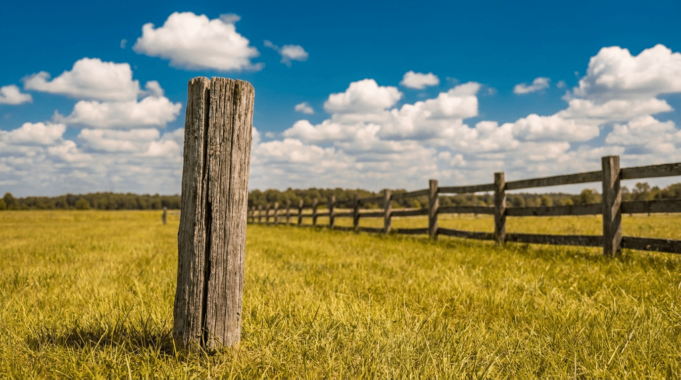 A weathered wooden fencepost with post-and-rail fencing in a rural field at noon, blue sky with cumulus clouds.