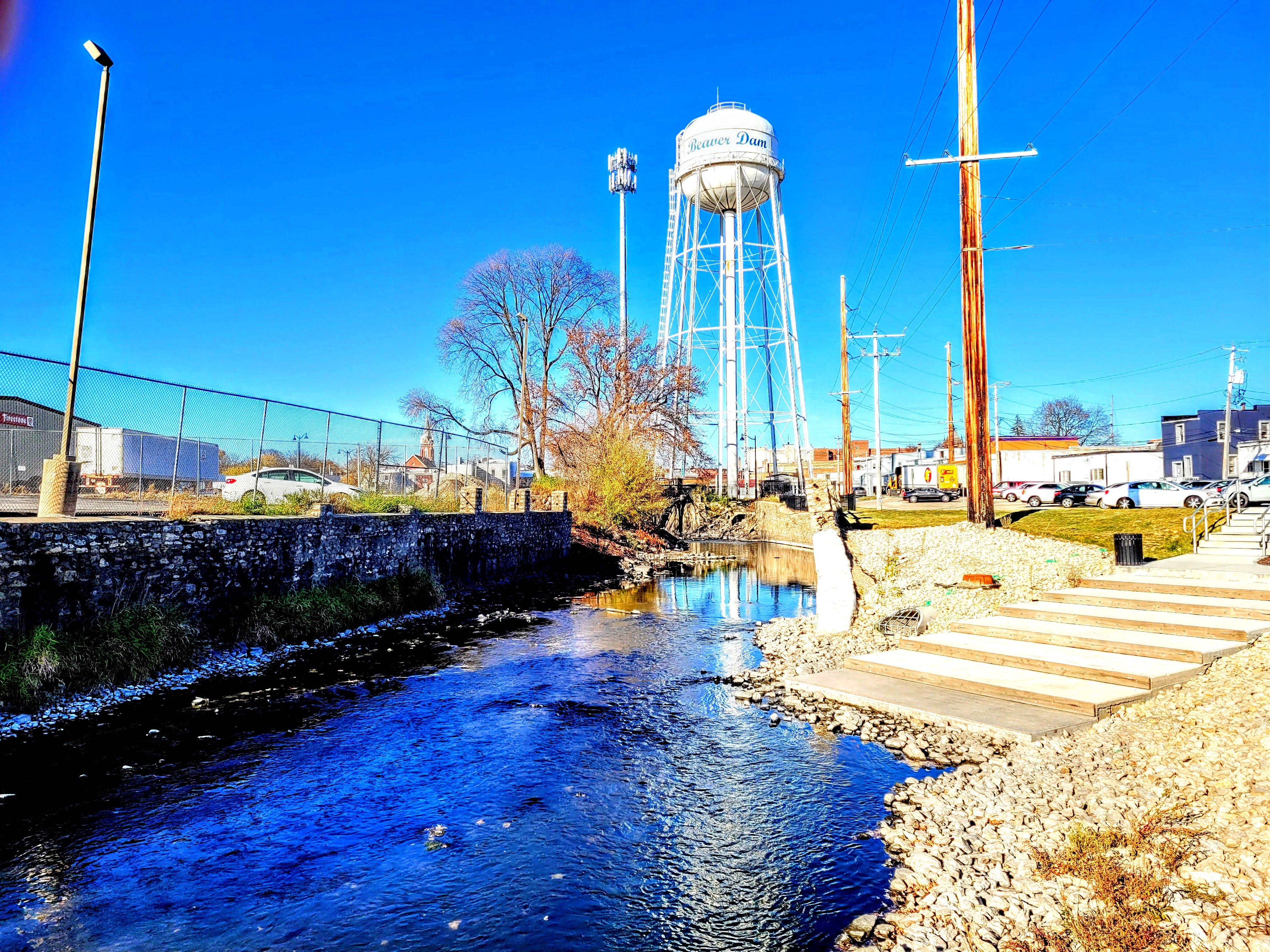 Beaver Dam River and water tower as seen from downtown, Beaver Dam, Wisconsin